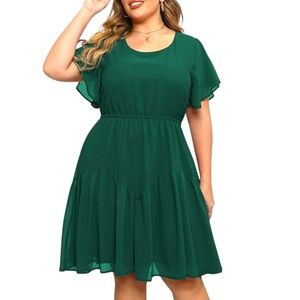 NWT Boho Chiffon Midi Skater Dress with Ruffle Sleeve